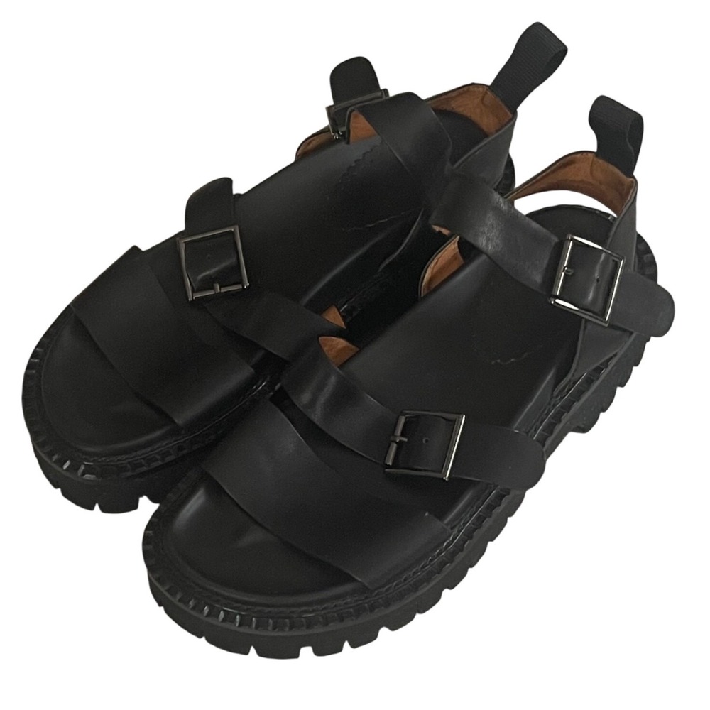 Black‎ Leather Platform Chunky Lug Sole Buckle Strap Sandals Size 39